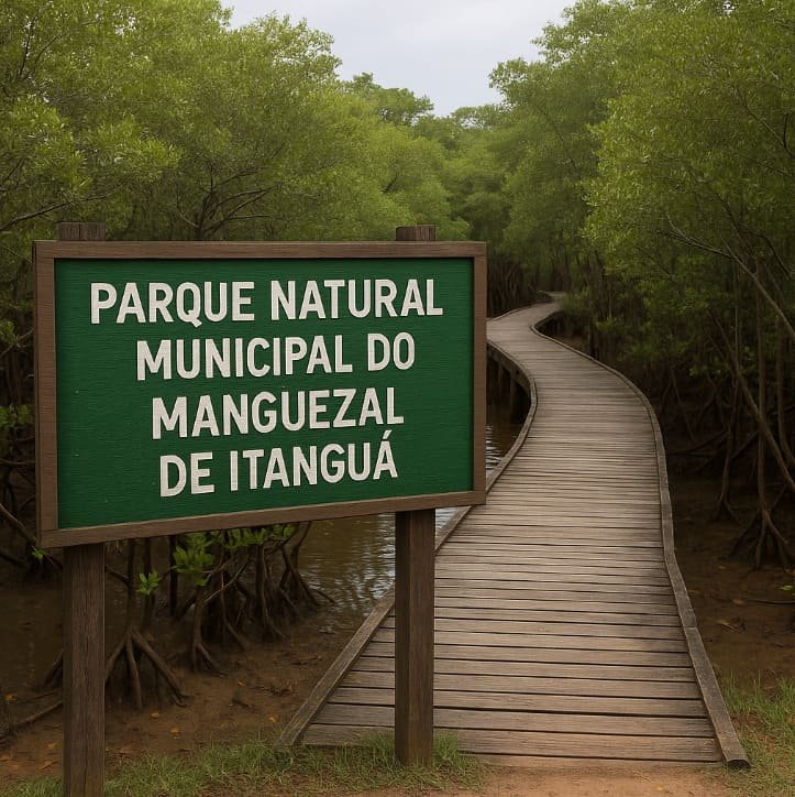 Placa com a escrita Parque Natural Municipal do Manguezal de Itanguá na entrada de madeira em direção à mata