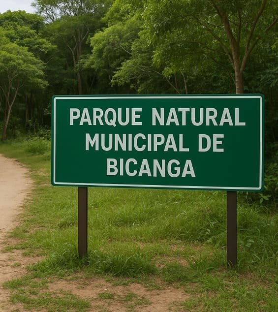 Uma placa escrito Parque Natural Municipal de Bicanga na entrada de uma mata
