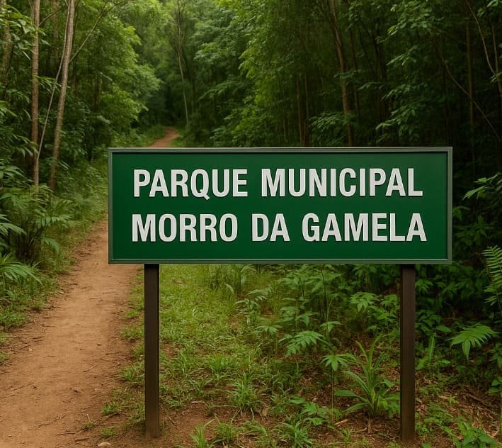 Uma placa escrito Parque Municipal Morro da Gamela em uma trilha entrando em uma mata