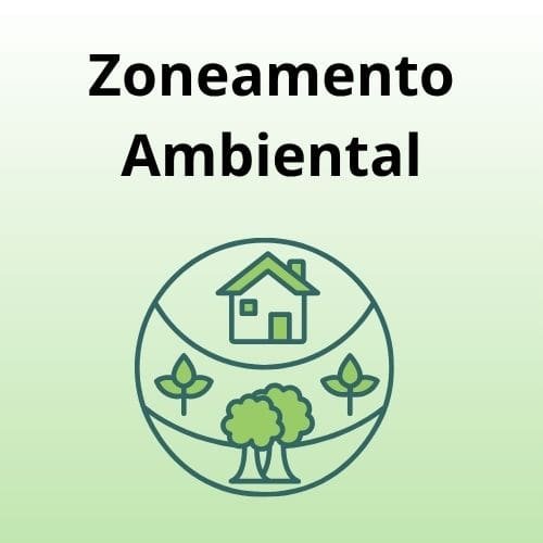 Uma frase escrita exibe: Zoneamento ambiental e embaixo uma ilustração de um globo com folhas, árvores e uma casa ecológica