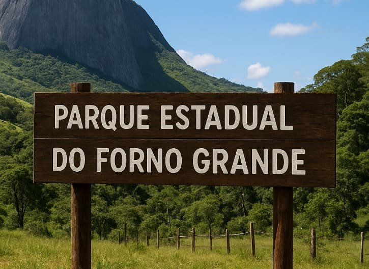 Placa escrito Parque Estadual do Forno Grande em um parque natural com morros