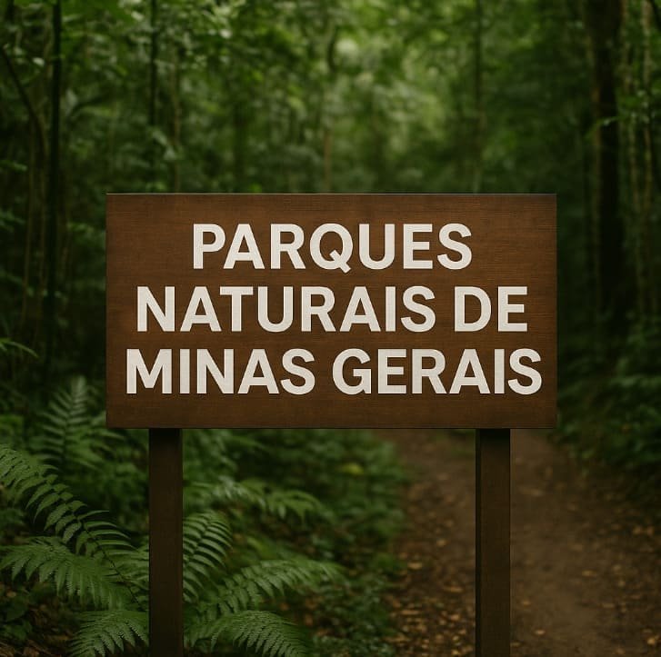 Placa de madeira exibe: Parques naturais de Minas Gerais em trilha exuberante cercada por floresta densa