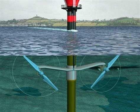 Uma imagem que mostra um sistema de energia maremotriz com hélices que gera energia com força da movimentação das marés