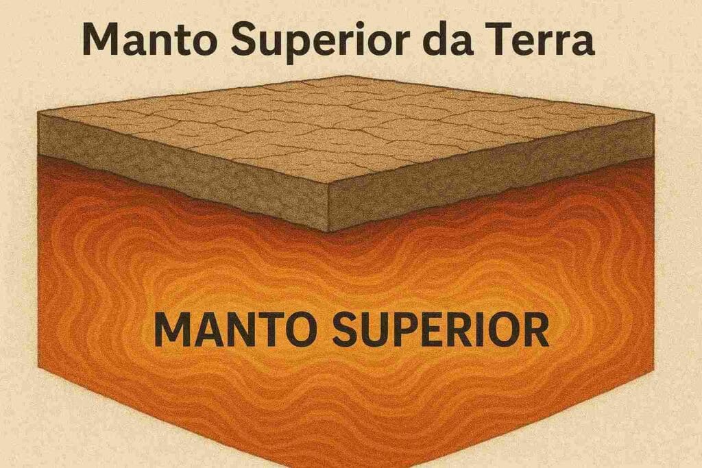 Ilustração do manto superior da Terra, uma camada mais espessa de cor laranja e acima está representada a crosta, de cor marrom e espessura menor.