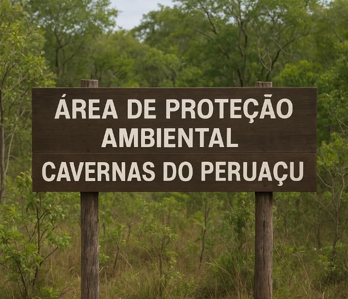 Placa de madeira ao centro exibe: “Área de Proteção Ambiental Cavernas do Peruaçu”, posicionada em meio à vegetação nativa do Cerrado sob céu nublado.