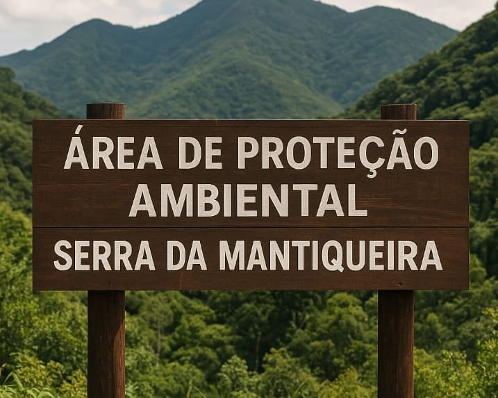 Placa de madeira exibe: “ÁREA DE PROTEÇÃO AMBIENTAL SERRA DA MANTIQUEIRA”, diante de montanhas cobertas por vegetação atlântica.