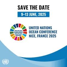 Logomarca da Conferência dos oceanos que mostra a data e diz que o evento está se realizando em Nice na França