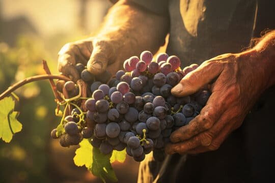 Mãos de um homem colhem uvas vermelhas ao praticar o enoturismo sustentável