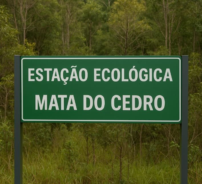 Placa de metal verde exibe Estação Ecológica Mata do Cedro diante de floresta densa típica da Mata Atlântica.