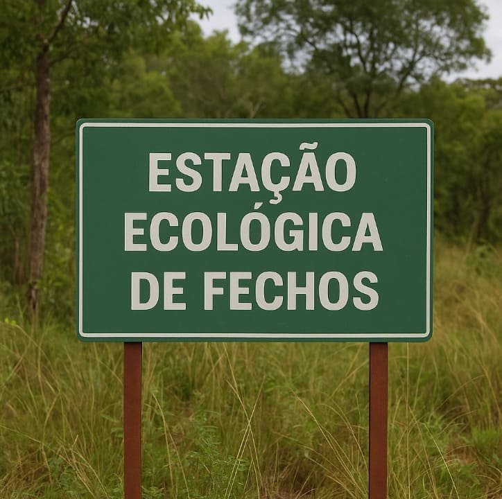 Placa verde exibe o nome Estação Ecológica de Fechos em meio à vegetação nativa, com árvores e capins ao fundo.