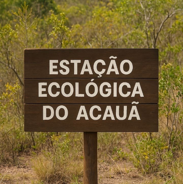 Placa de madeira exibe o nome Estação Ecológica do Acauã ao centro, rodeada por vegetação típica do Cerrado e paisagem natural preservada ao fundo