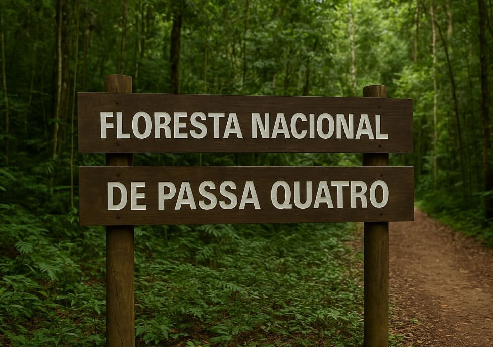 Placa de madeira exibe: “FLORESTA NACIONAL DE PASSA QUATRO”, posicionada à margem da trilha, cercada por floresta densa.