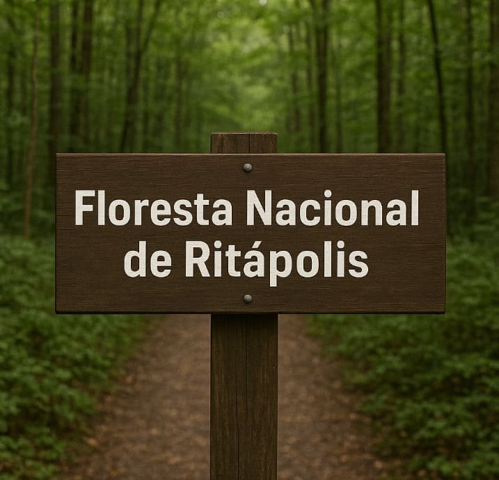 Placa de madeira exibe: “Floresta Nacional de Ritápolis”, no centro de uma trilha cercada por vegetação densa.