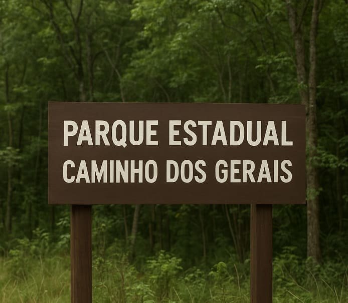 Placa de madeira que exibe os dizeres “Parque Estadual Caminho dos Gerais” ao centro de uma mata nativa densa.