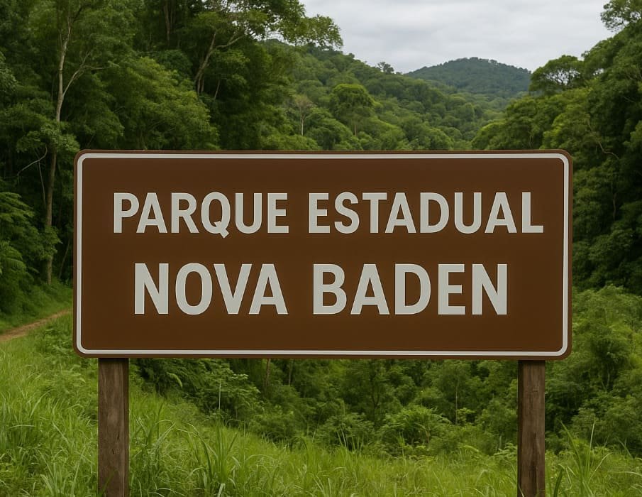 Placa marrom exibe “Parque Estadual Nova Baden” em meio à vegetação nativa e morros cobertos por mata ao fundo.