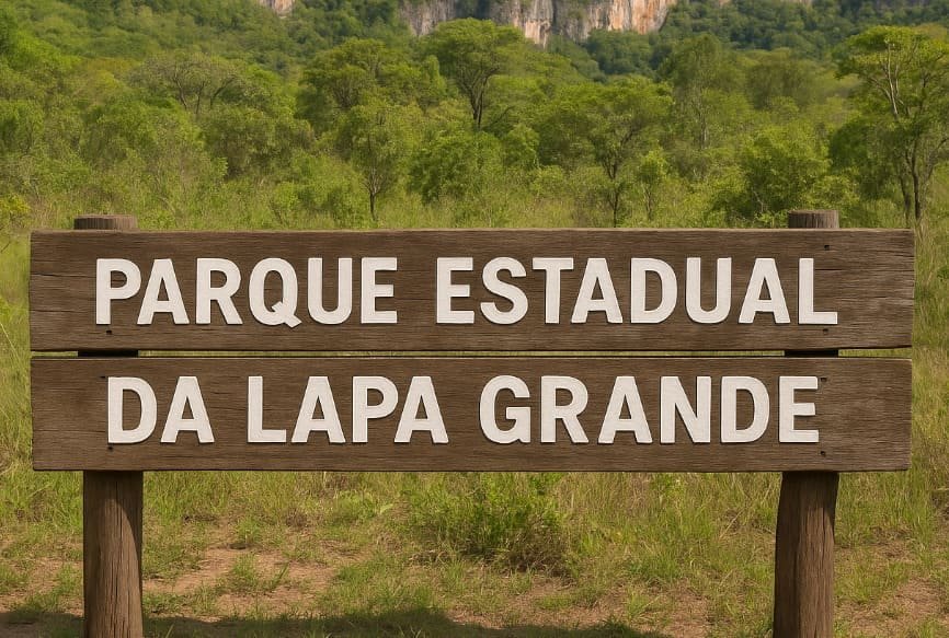 Placa de madeira com letras uniformes exibe “Parque Estadual da Lapa Grande” diante de vegetação nativa e paredão rochoso.
