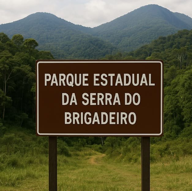 Placa marrom exibe “Parque Estadual da Serra do Brigadeiro” em meio à vegetação nativa e montanhas cobertas por floresta ao fundo.