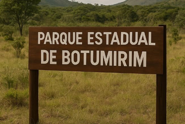 Placa de madeira exibe: “PARQUE ESTADUAL DE BOTUMIRIM”, ao centro de uma paisagem típica do Cerrado, com vegetação rasteira e serras ao fundo.