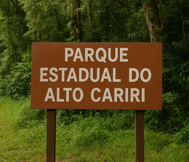 Placa de madeira exibe: “PARQUE ESTADUAL DO ALTO CARIRI”, posicionada em frente a floresta densa e vegetação atlântica preservada.