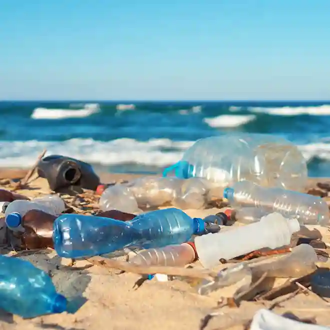 um ambiente criado por inteligência artificial representa uma praia inundada por produtos plásticos vindo pelas marés dos oceanos