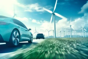 Um automóvel circula em uma rodovia com torres de ennergia eólica, mostrando as fontes da matriz energética