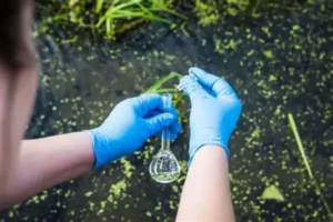 Cientista com luvas azuis e tudo de ensaio pega amostras para a biotecnologia ambiental