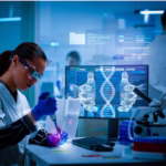 Uma estudante de biomedicina fazendo teste de laboratório de biotecnologia médica