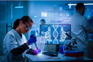 Uma estudante de biomedicina fazendo teste de laboratório de biotecnologia médica