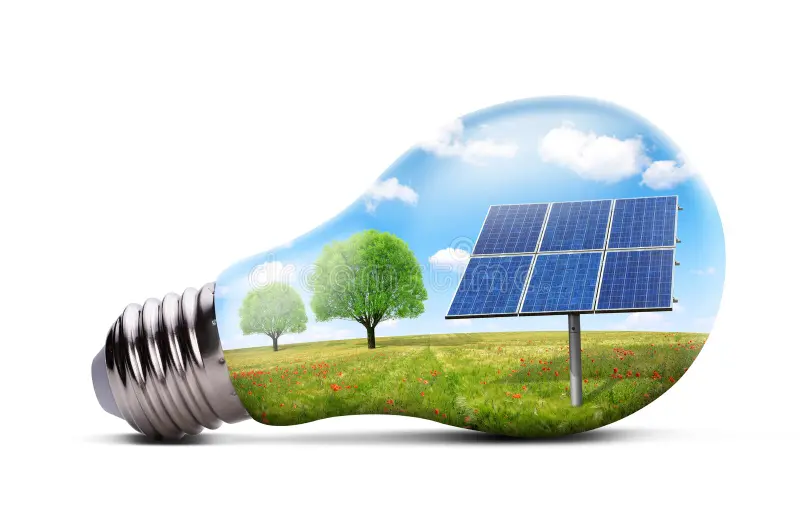Em uma lâmpada aparece árvores e um painel solar que sugerem a energia limpa