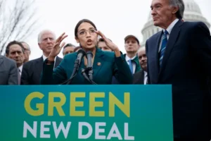 Senadores americanos discursando em defesa do Green New Deal