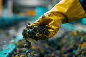 Uma mão com luva mostra micro células residuais do petróleo para exemplificar os nanorresíduos