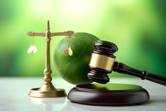Em frente um pequeno globo terrestre um martelo representa a responsabilidade ambiental penal