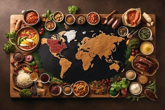 Diversos alimentos típicos circundam um mapa mundial, exemplificando a cultura alimentar.