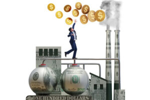 Ilustração mostra uma industria emitindo dinheiro com a fumaça das chaminés e mostrando a falta de responsabilidade econômica