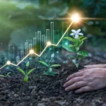 Mão plantando é ilustrada por um gráfico com símbolos da gestão ambiental