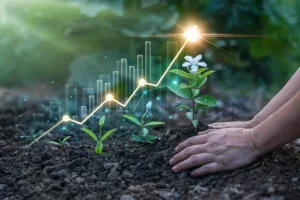 Mão plantando é ilustrada por um gráfico com símbolos da gestão ambiental