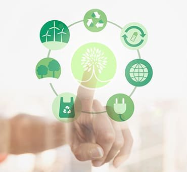 Representação de padrões de consumo sustentável e consciente com uma mão tocando um ícone digital de árvore, rodeado por símbolos verdes de energia renovável, reciclagem, preservação ambiental e consumo consciente.