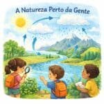 Crianças em contato com a natureza e uma frase: A natureza perto da gente