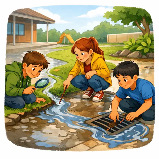 Estudantes de 11 a 12 anos em observação sobre: Como a água da chuva escolhe caminhos diferentes no patio da escola? – 11 a 12 anos