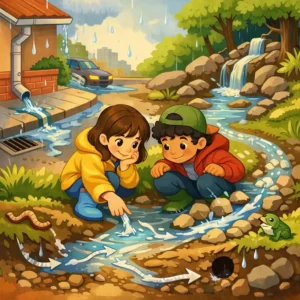 Crianças em momento de observação e descoberta relacionado ao tema: Como a água da chuva encontra um caminho?.