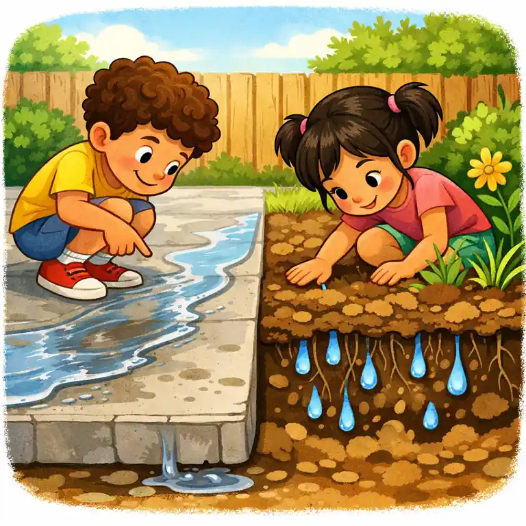 Ilustracao de apoio mostrando numa calcada de concreto, a agua escorrega pela superficie em lamina fina e rapida, como se o chao a estivesse empurrando para longe. do out.