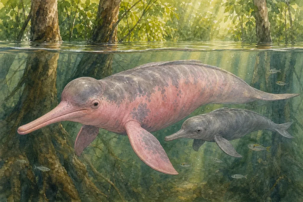 Ilustração de boto-cor-de-rosa para crianças: mãe rosada e filhote cinza nadando na floresta alagada da Amazônia