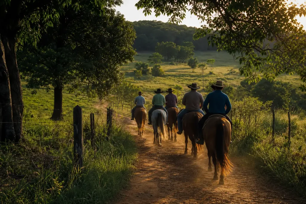 Cavaleiros de costas numa trilha de terra entre pastos e mata no fim de tarde, cena de turismo equestre no interior