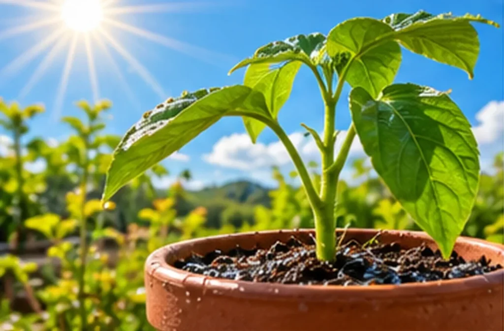 Planta num vaso de barro ao sol, com as folhas abertas para a luz e a terra molhada