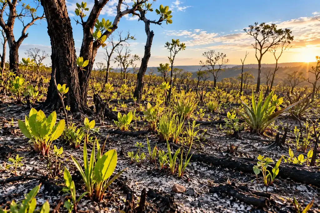 Cerrado depois de uma queimada, com cinzas no chão, troncos tortos queimados e brotos verde-claros nascendo