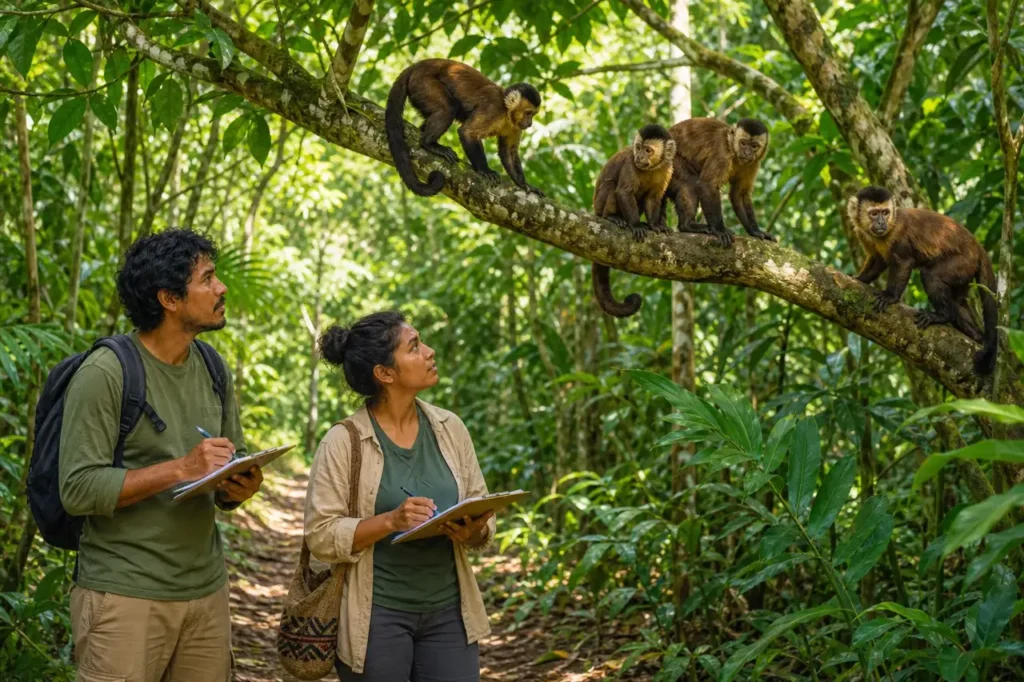 Pesquisador e moradora anotam numa prancheta um grupo de macacos-prego num galho, numa trilha da mata