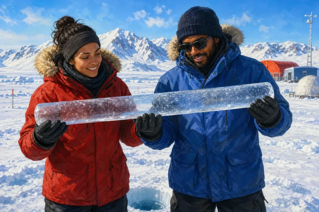 Cientista e colega com roupas de frio numa base polar seguram um longo cilindro de gelo com bolhinhas dentro