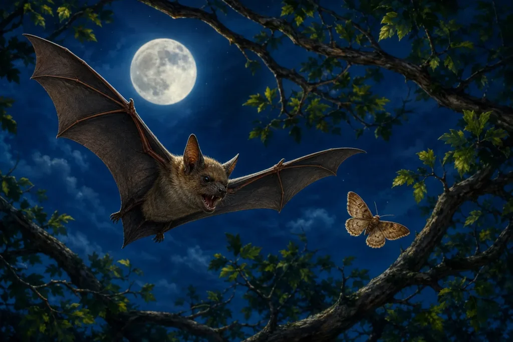 Morcego voa entre galhos numa noite de lua cheia, perto de uma mariposa
