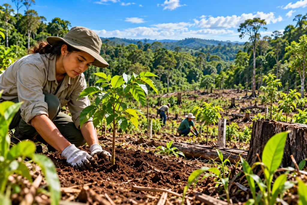 Mulher de chapéu e luvas planta uma muda de árvore numa área desmatada com tocos, enquanto outras pessoas plantam ao fundo, perto da mata