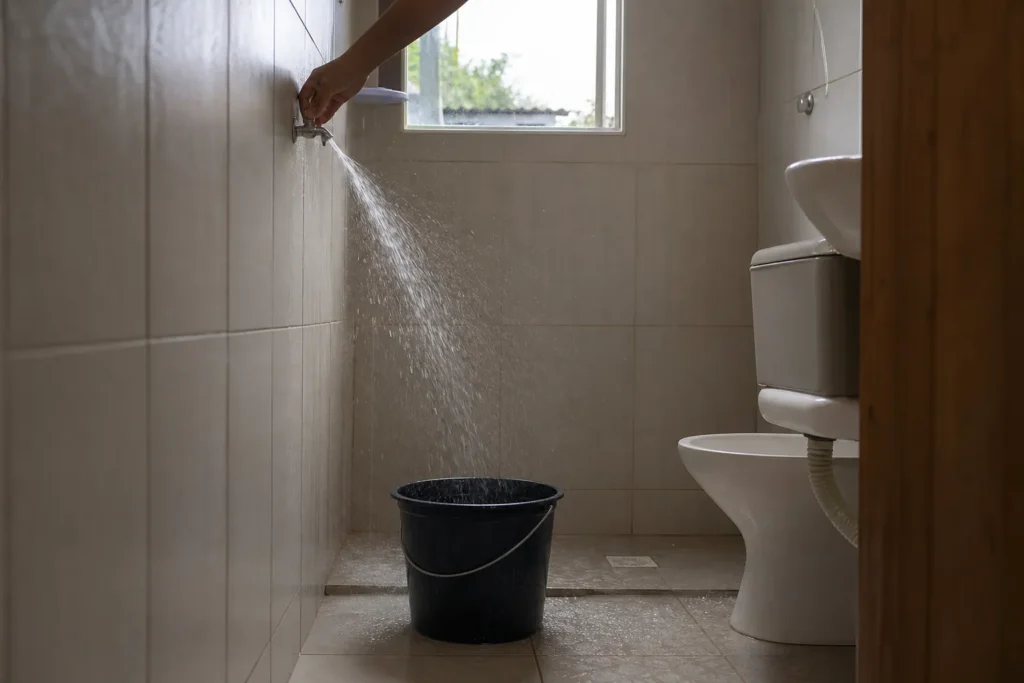 Chuveiro aberto e um balde no chão do box, para guardar a água fria do começo do banho